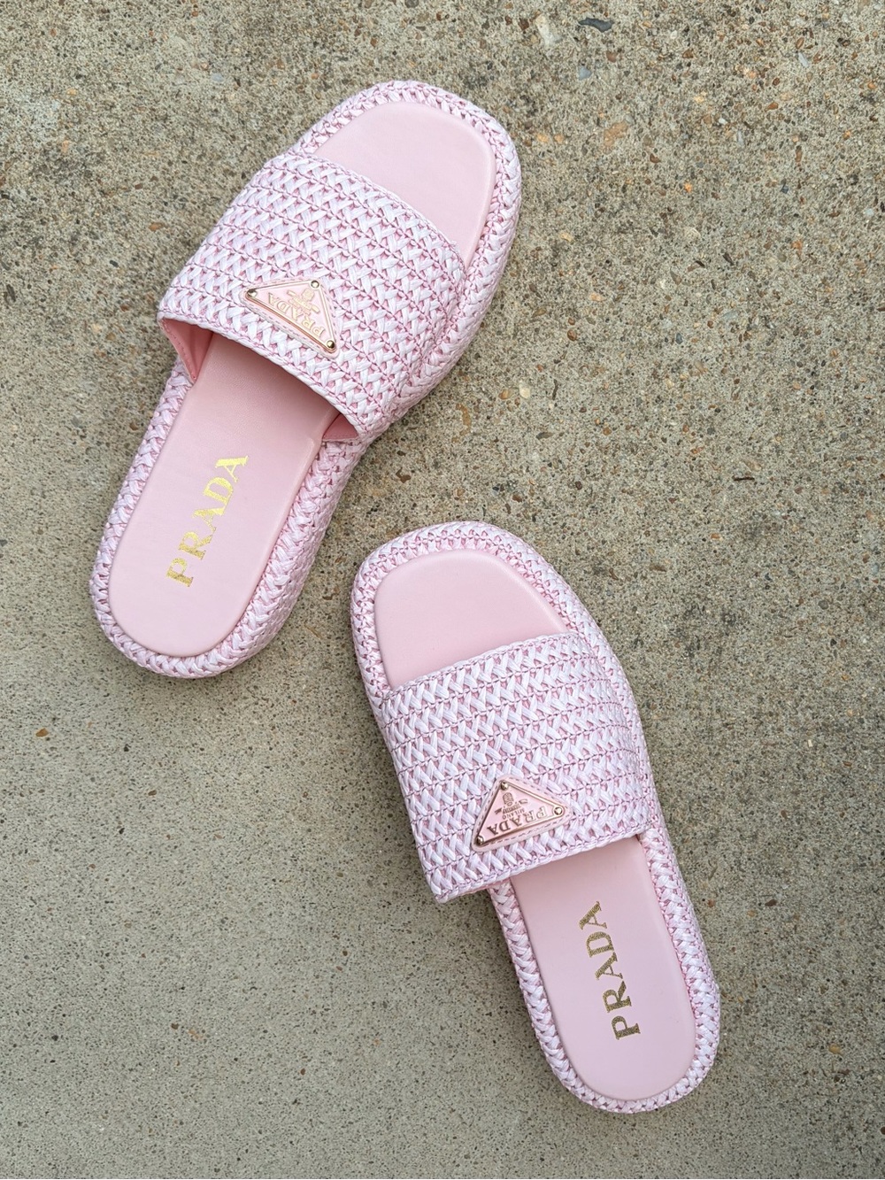 Prada Pink Braided Slide Mules with Gold Triangle Emblem - Size 39 - Picture 2 of 4